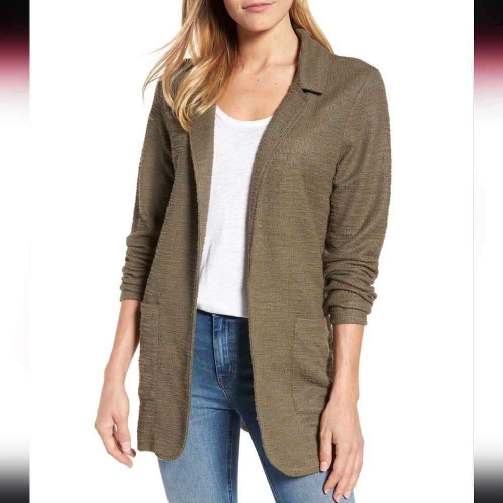 Caslon Boyfriend Blazer Olive Terry Knit Open Front Cardigan
